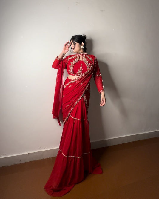 WEDDING SEASON SPECIAL FANCY PARTY WEAR FAUX GEORGETTE LEHENGA SAREE WITH HEAVY WORK BLOUSE AND