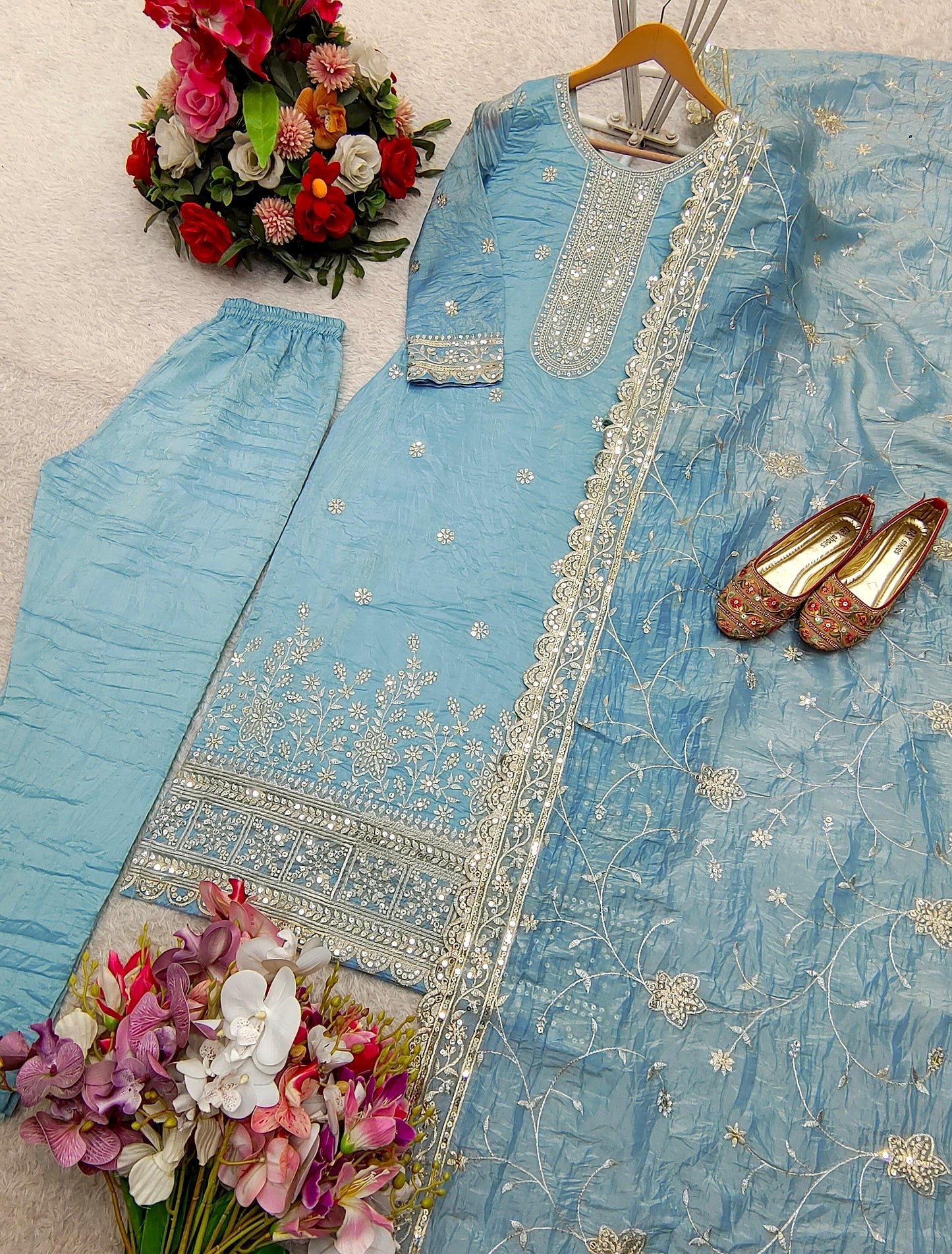 Pure Gold Crush Top& Pent Dupatta Set Fully Stitched Ready To Wear suit