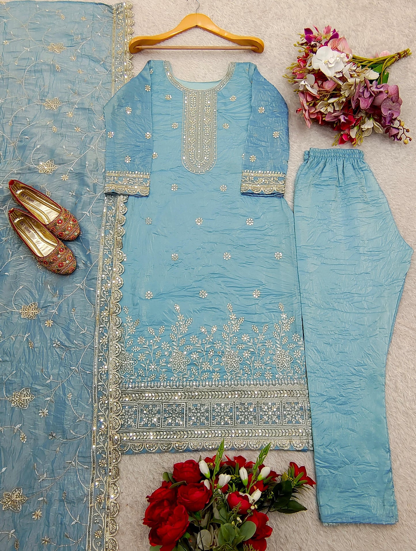 Pure Gold Crush Top& Pent Dupatta Set Fully Stitched Ready To Wear suit
