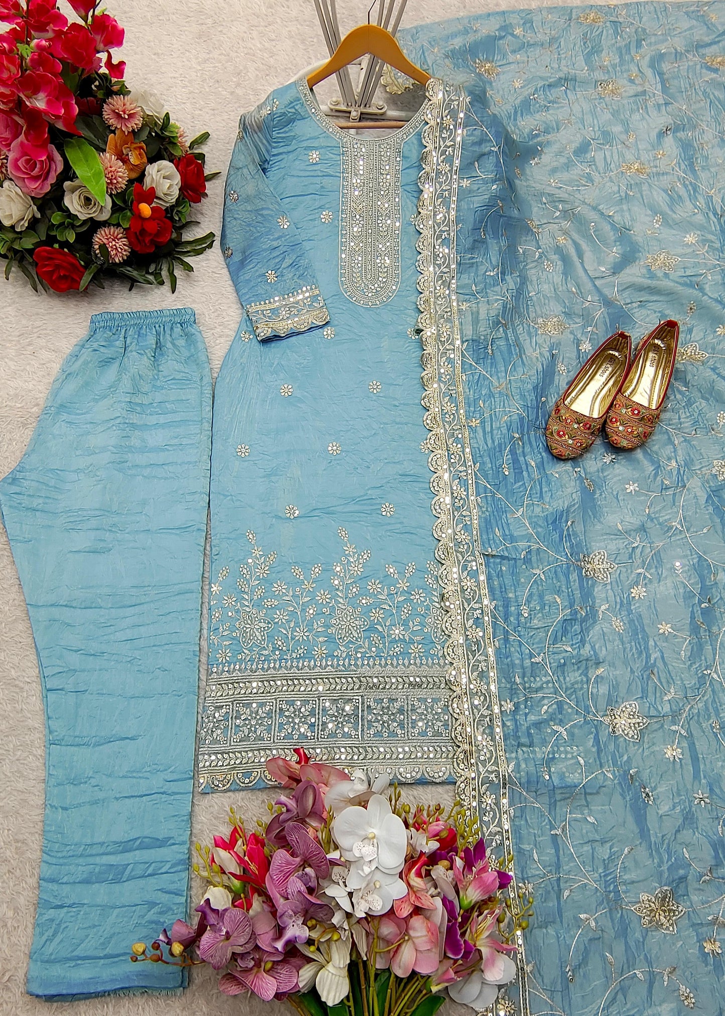 Pure Gold Crush Top& Pent Dupatta Set Fully Stitched Ready To Wear suit