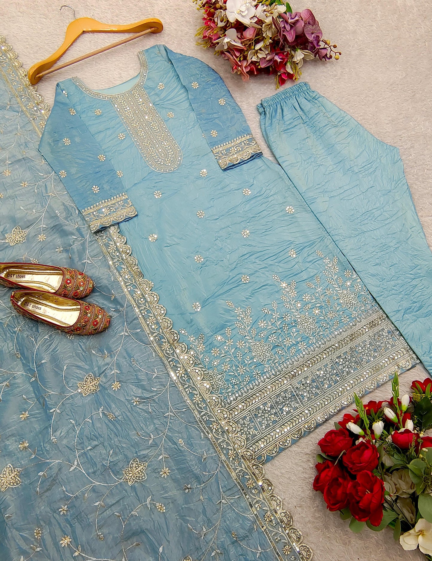 Pure Gold Crush Top& Pent Dupatta Set Fully Stitched Ready To Wear suit