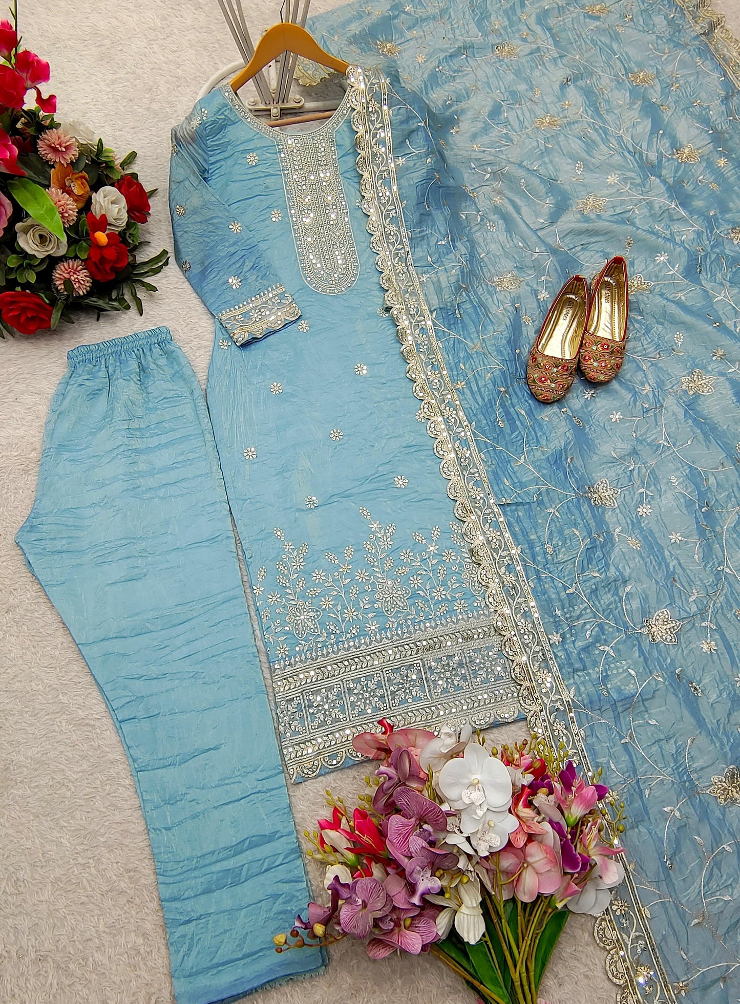 Pure Gold Crush Top& Pent Dupatta Set Fully Stitched Ready To Wear suit