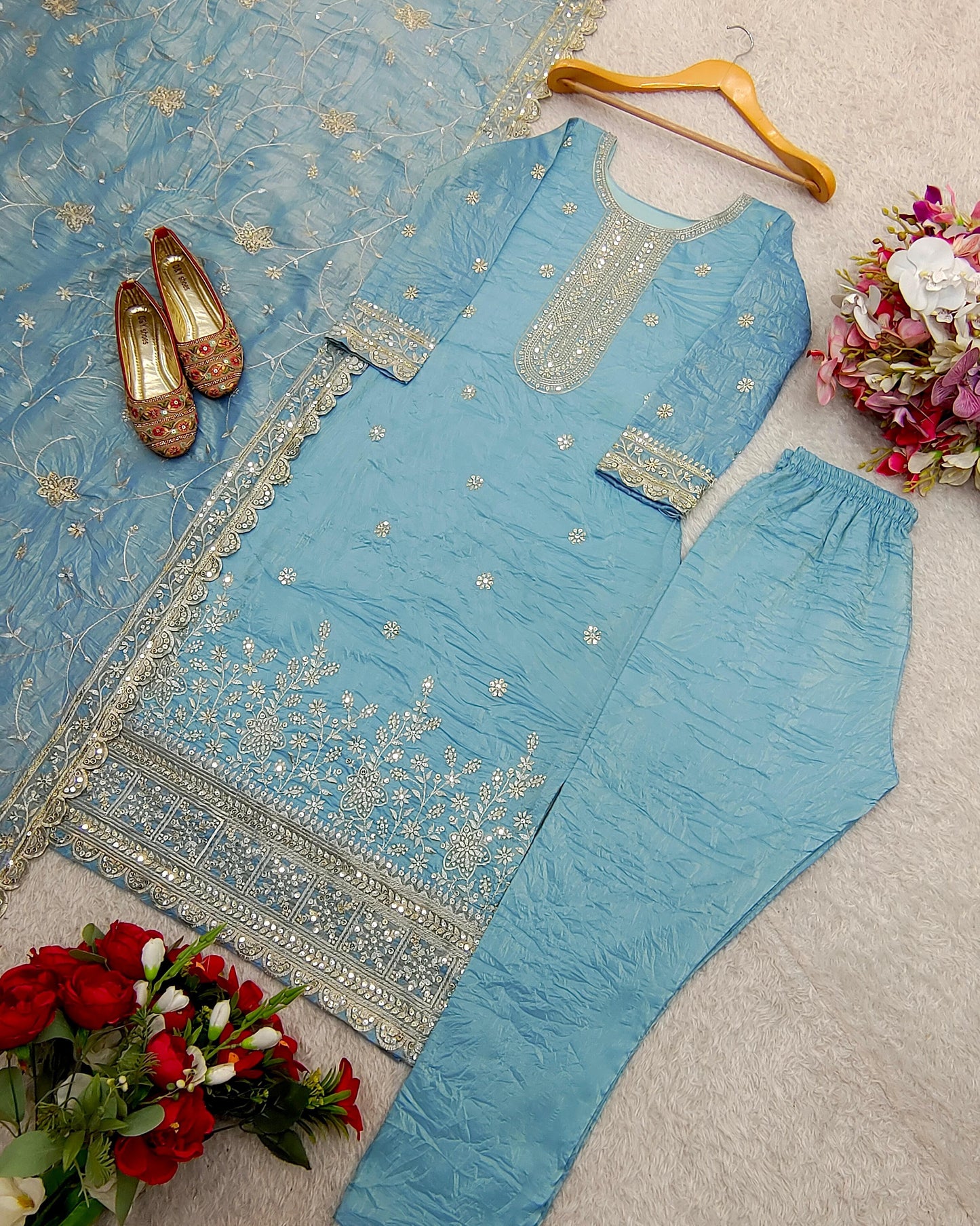 Pure Gold Crush Top& Pent Dupatta Set Fully Stitched Ready To Wear suit