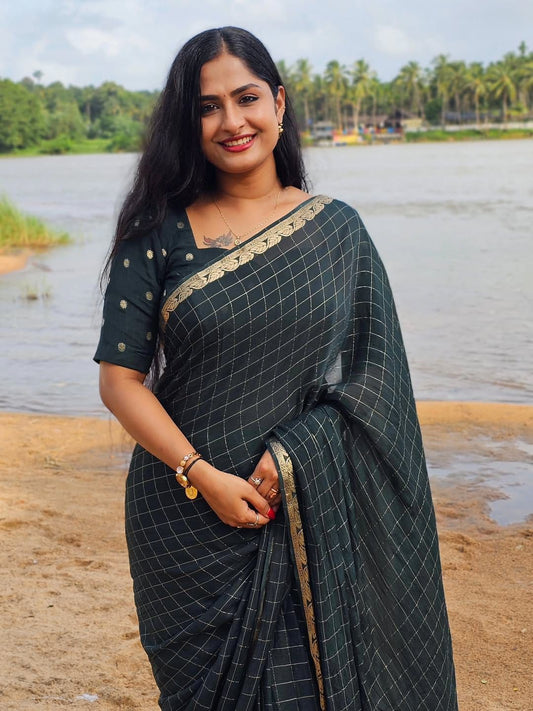 Pure Viscose Chinon Saree With Viscose contrast Blouse
