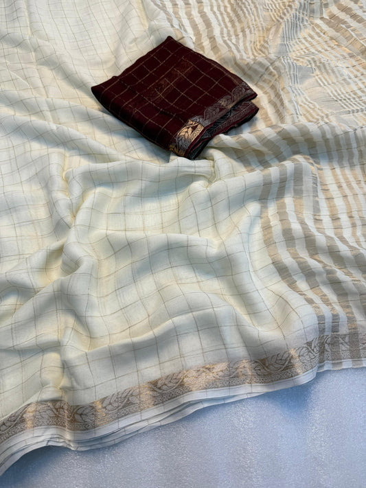Pure Viscose Chinon Saree With Viscose contrast Blouse