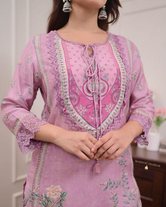 Lilac Muslin Pakistani Suit with digital prints