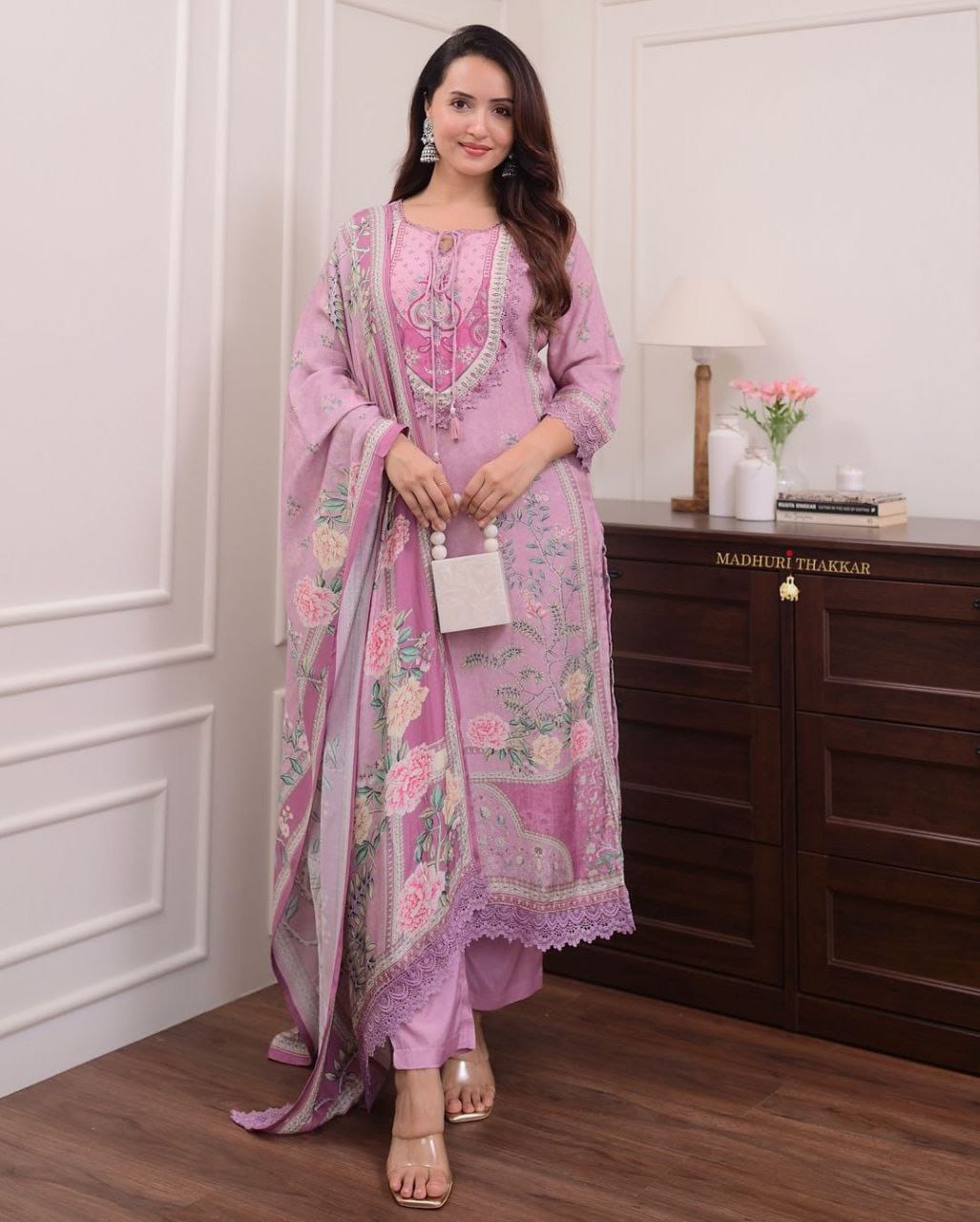 Lilac Muslin Pakistani Suit with digital prints