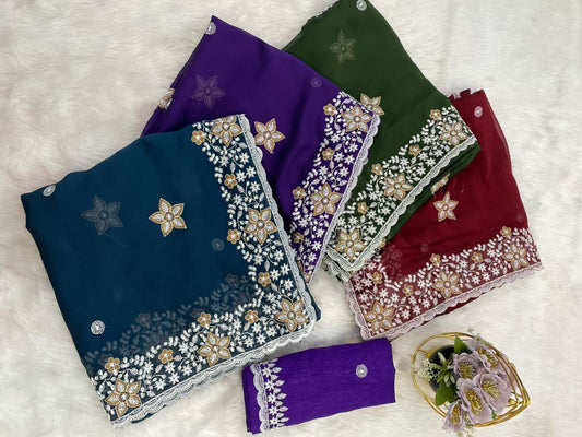 Soft Rangoli Silk Saree with sequence Thread Embroidery Work With Cutwork Border