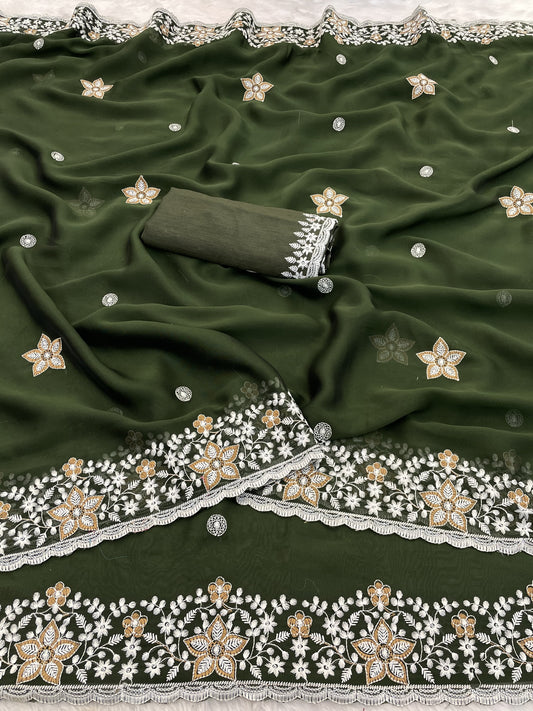 Soft Rangoli Silk Saree with sequence Thread Embroidery Work With Cutwork Border