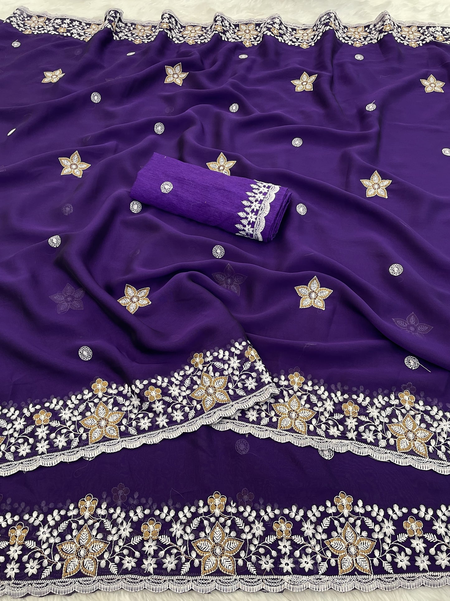 Soft Rangoli Silk Saree with sequence Thread Embroidery Work With Cutwork Border