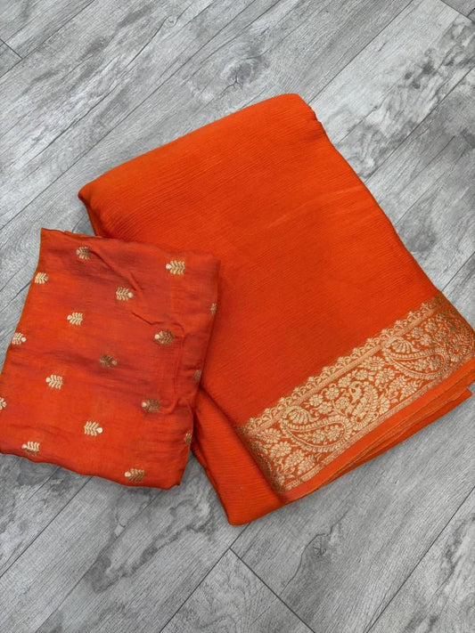 Pure viscose Georgette saree original quality with jacquard border with same color jacquard viscose blouse