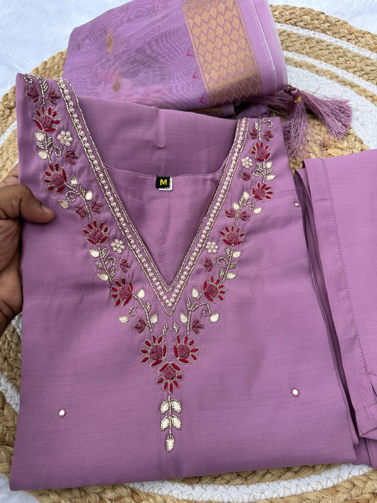 Roman silk With Cotton inner with Hand Work Kurti