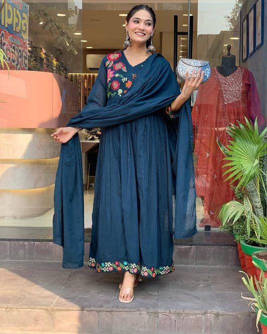 Embroidered Georgette Stitched Anarkali Gown With dupatta