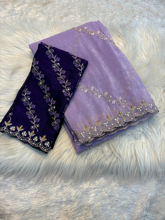 Soft crunchy saree with embroidery 🧵 work with stone work saree with cut work