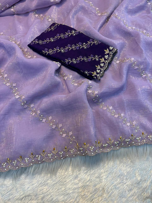Soft crunchy saree with embroidery 🧵 work with stone work saree with cut work