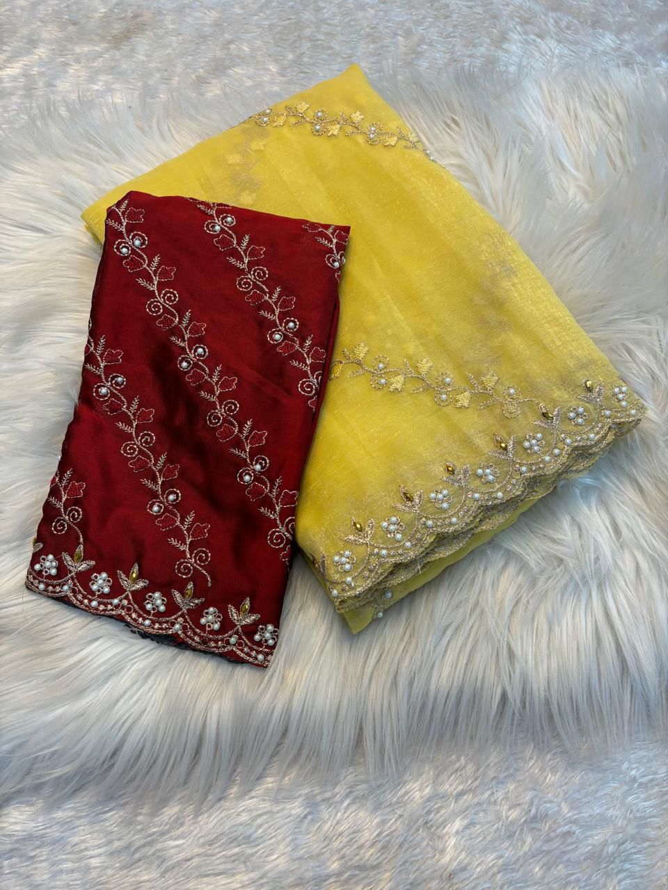 Soft crunchy saree with embroidery 🧵 work with stone work saree with cut work