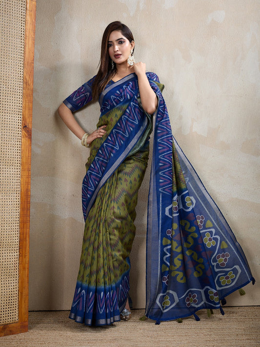 Brown & Blue Ikat Printed Chanderi Saree