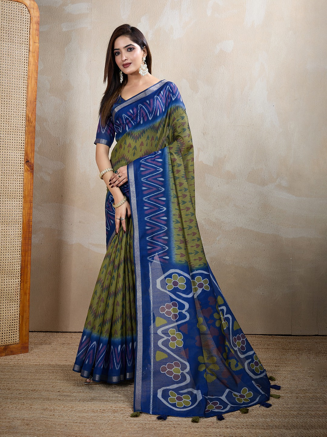 Brown & Blue Ikat Printed Chanderi Saree