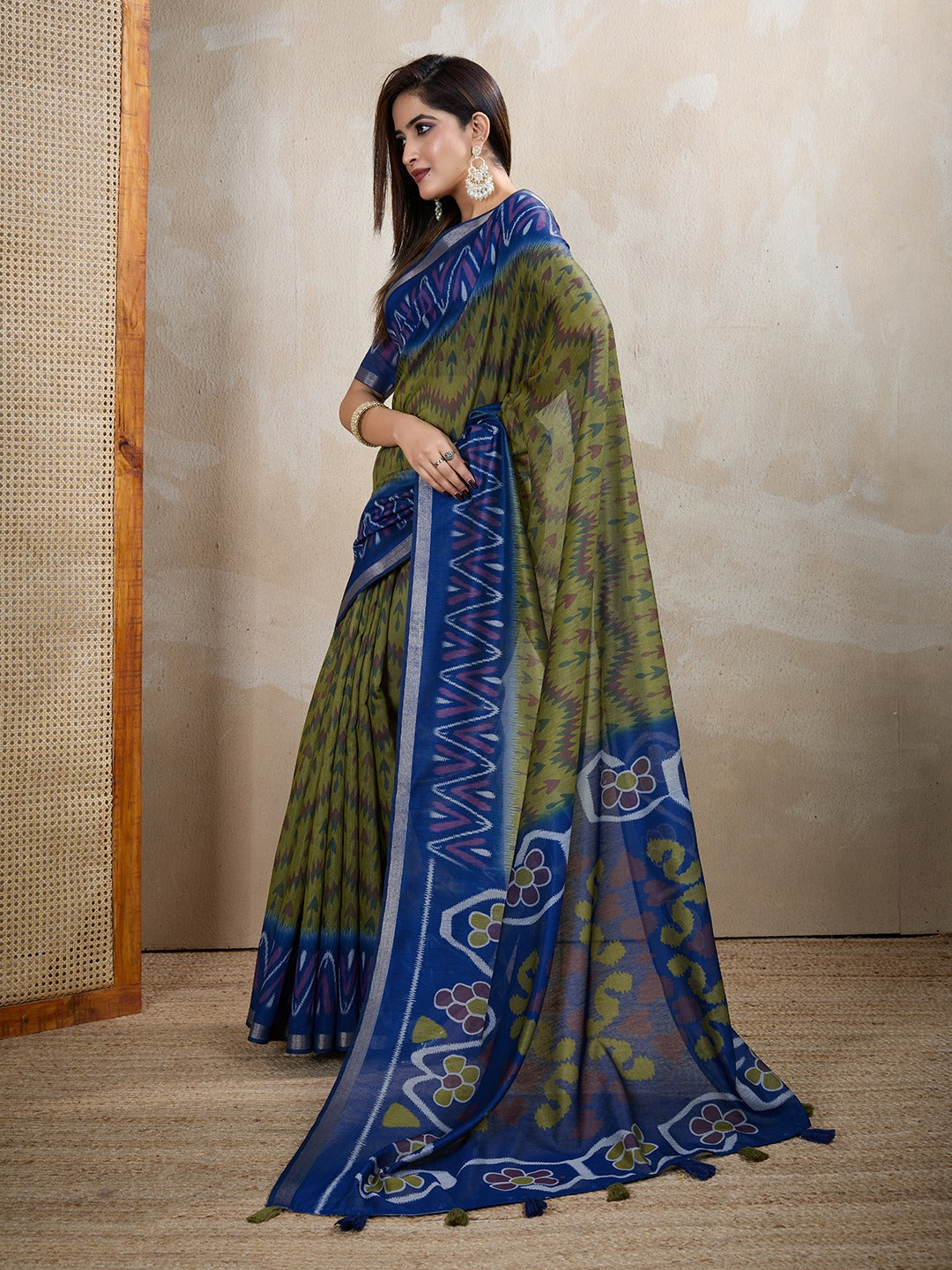 Brown & Blue Ikat Printed Chanderi Saree