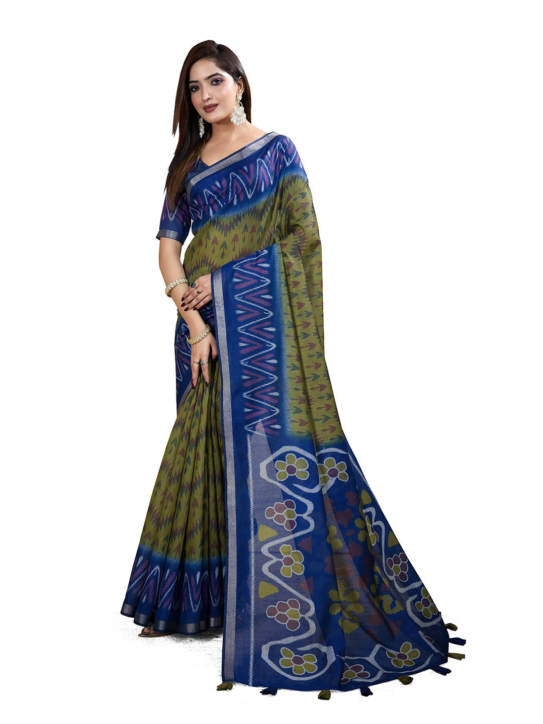 Brown & Blue Ikat Printed Chanderi Saree