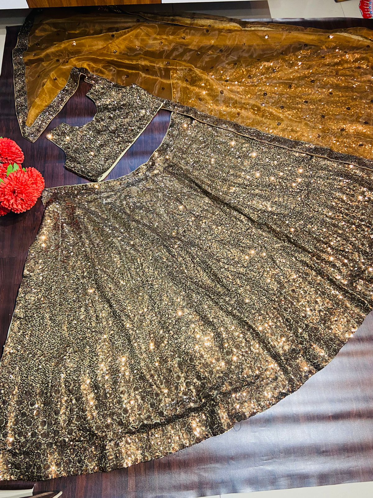 Premium Georgette With Beautiful Print &nbsp;Work With Flair 4.5 MTR With Canvas Patta( Semi Stitched Upto Xxl ) Lehenga