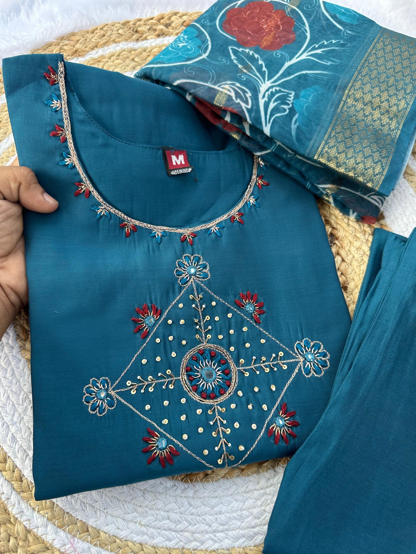 Roman silk With Cotton inner with hand work Kurti