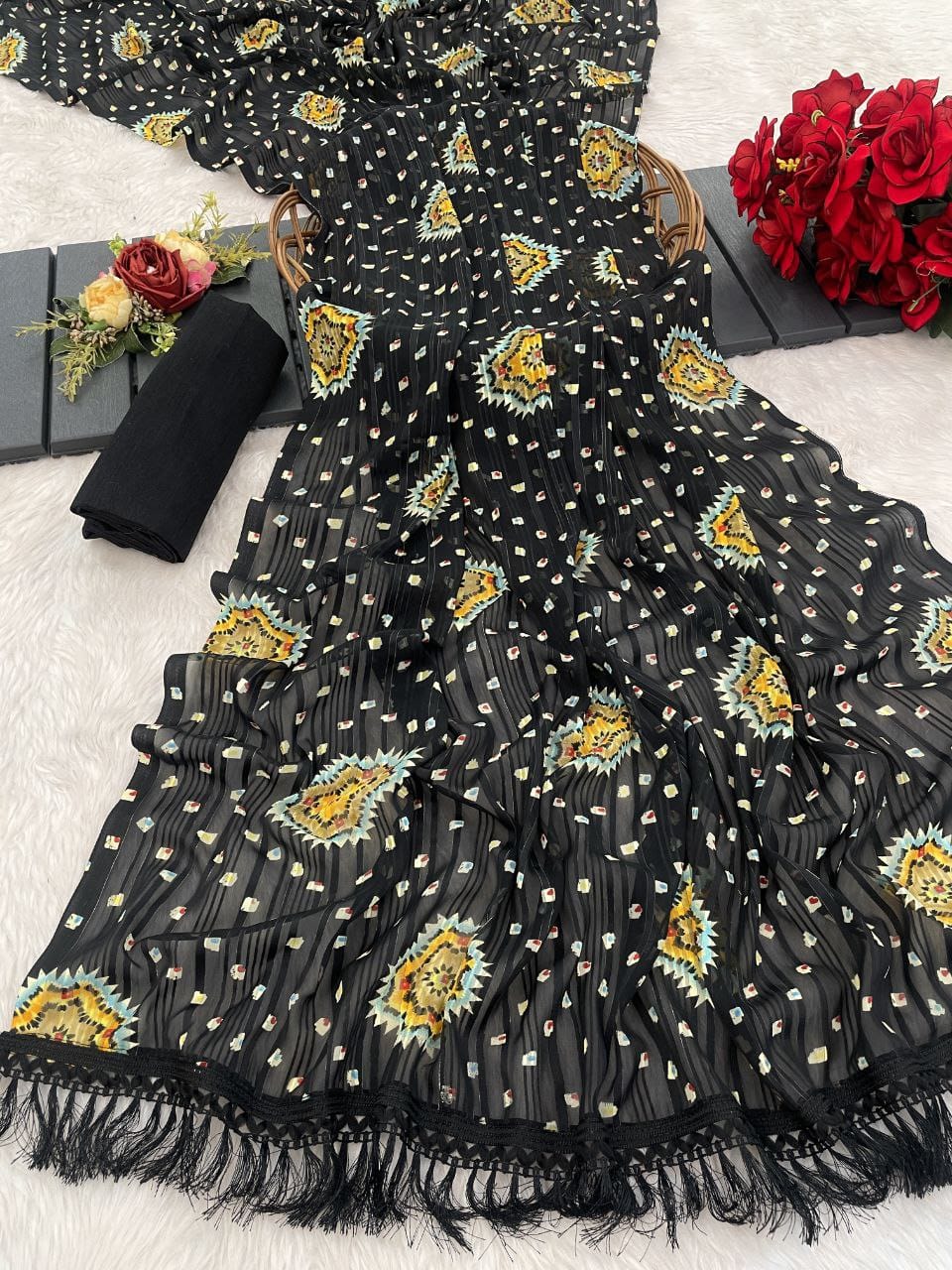SOFT FANCY GEORGETTE &WITH PATOLA PRINT & fancy tassel Dupatta