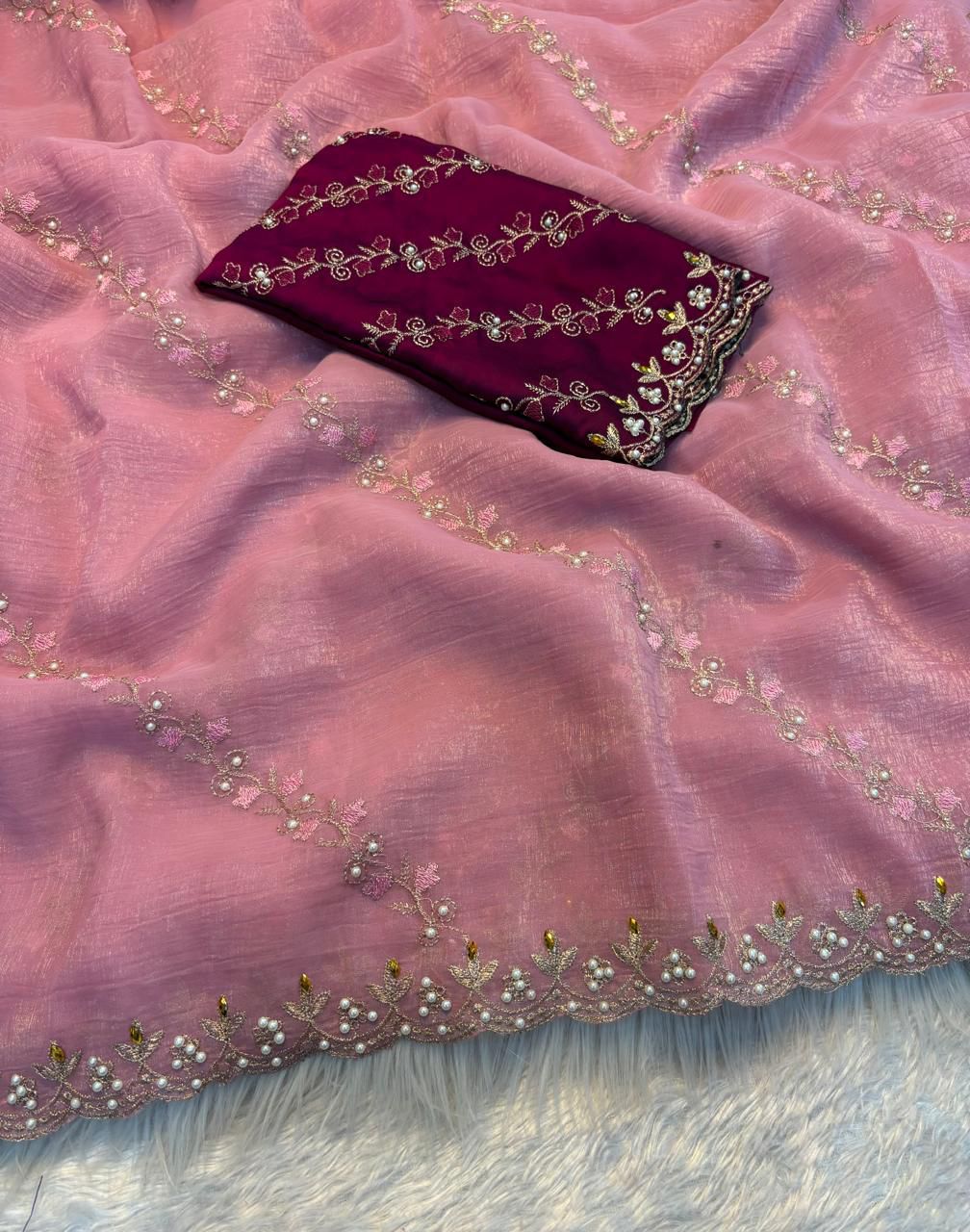Soft crunchy saree with embroidery 🧵 work with stone work saree with cut work