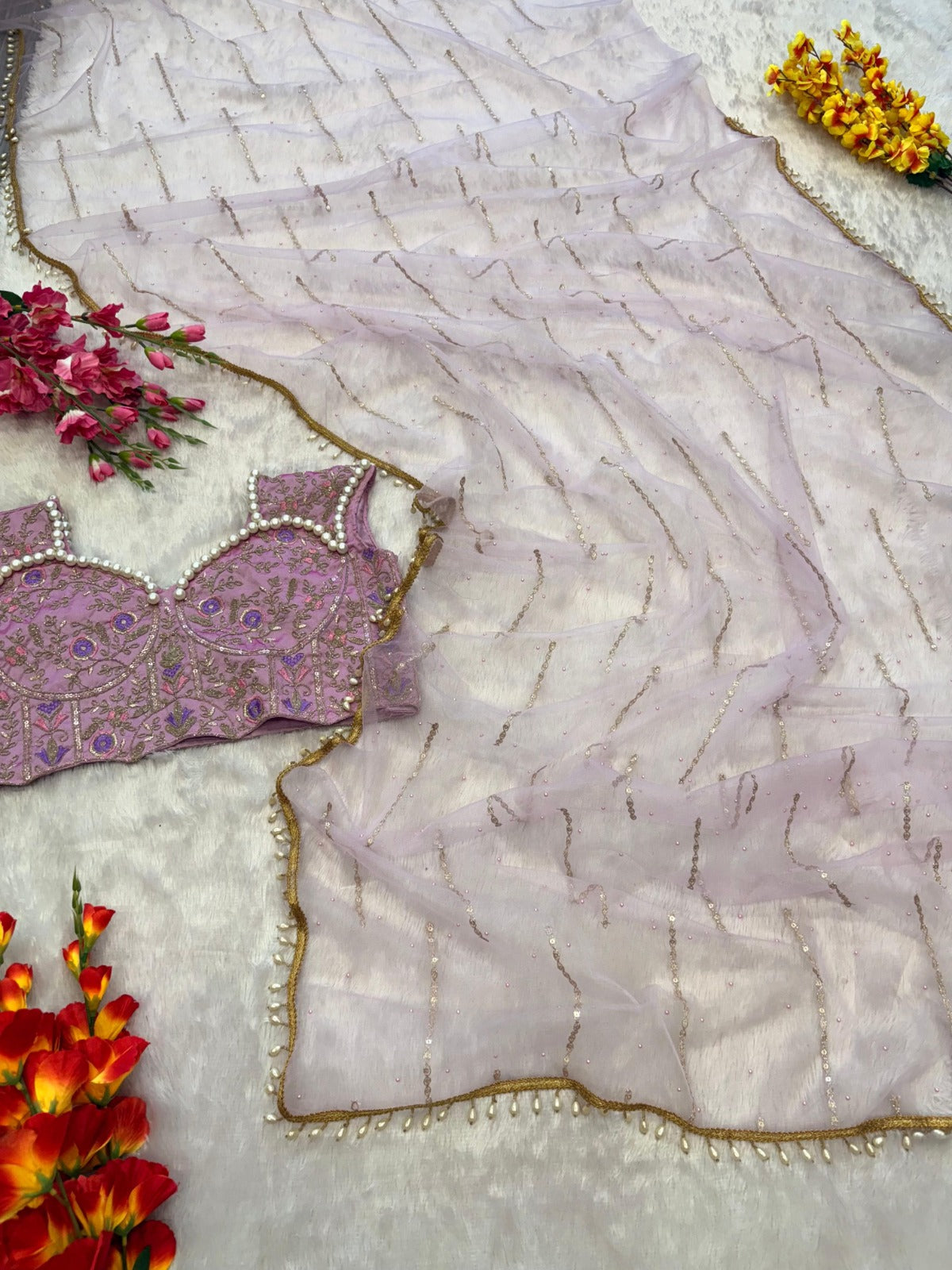 Premium Soft Butterfly Net Embellished With Beautiful Sequins Work And With Beautiful Hand Pearl Work Heavy Lace Border Work Saree