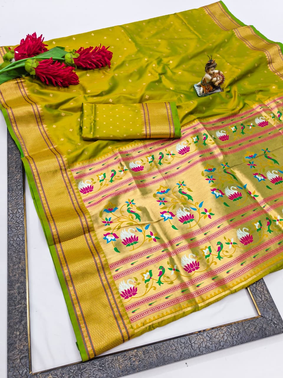 Banarasi Lichi Silk Paithani saree with weaving gold Jari Saree