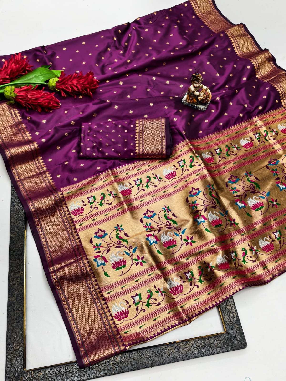 Banarasi Lichi Silk Paithani saree with weaving gold Jari Saree