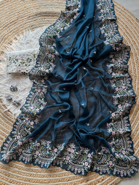 PURE SOFT BLACK RANGOLI SILK FABRIC ON BEAUTIFUL EMBROIDERY C-PALLU Saree
