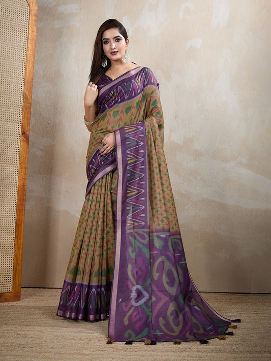 Olive & Purple Ikat Printed Chanderi Saree with Contrast Border (Code: GG-321)