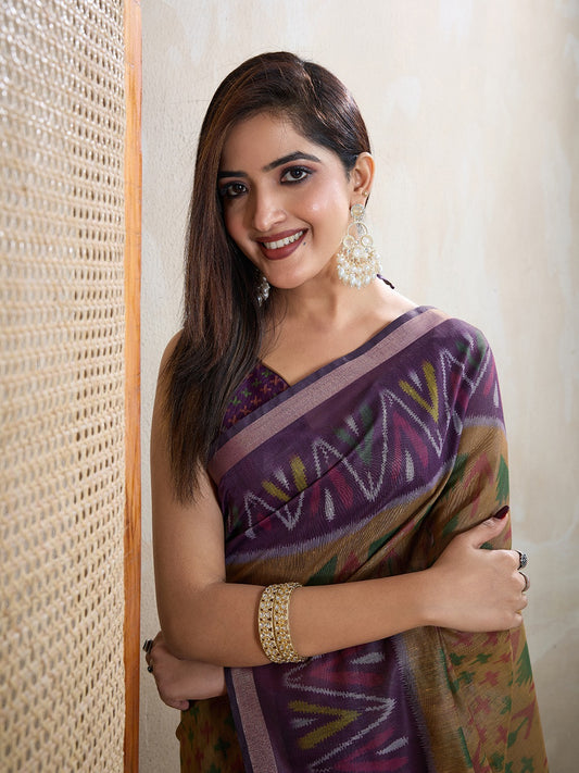 Olive & Purple Ikat Printed Chanderi Saree with Contrast Border (Code: GG-321)