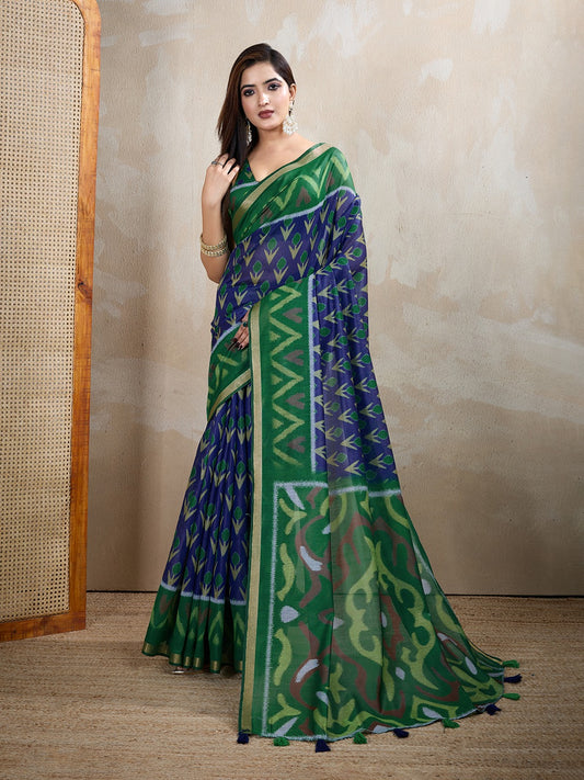 Green & Blue Ikat Printed Chanderi Saree with Contrast Border (Code: GG-322)