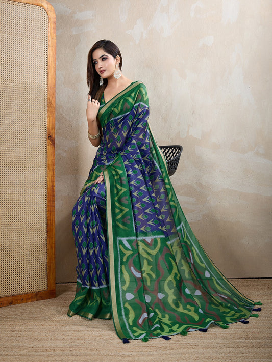 Green & Blue Ikat Printed Chanderi Saree with Contrast Border (Code: GG-322)