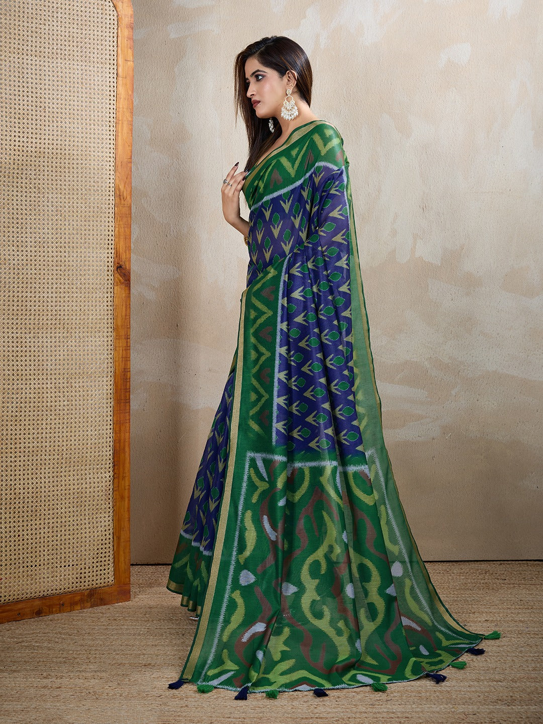 Green & Blue Ikat Printed Chanderi Saree with Contrast Border (Code: GG-322)
