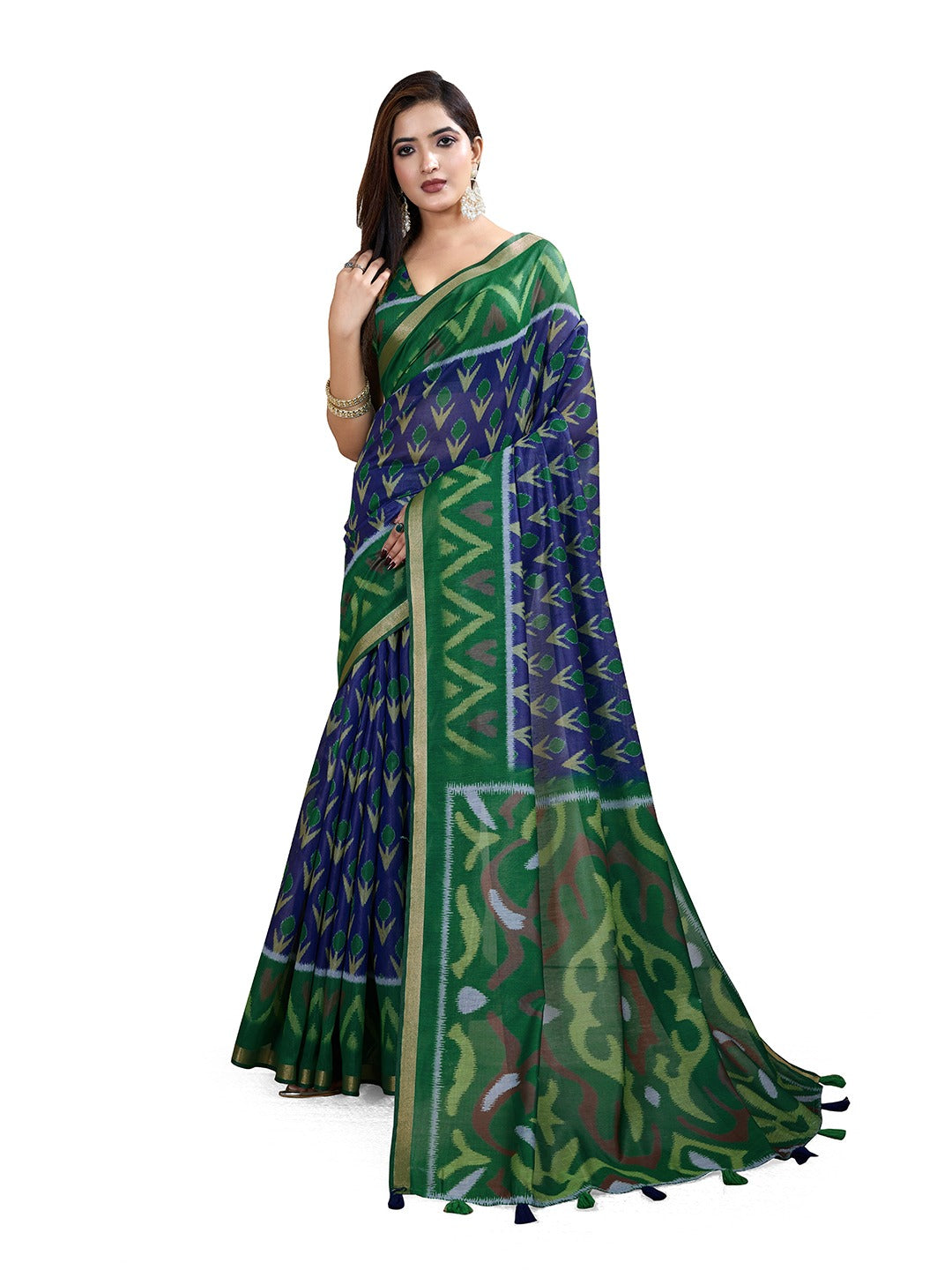Green & Blue Ikat Printed Chanderi Saree with Contrast Border (Code: GG-322)