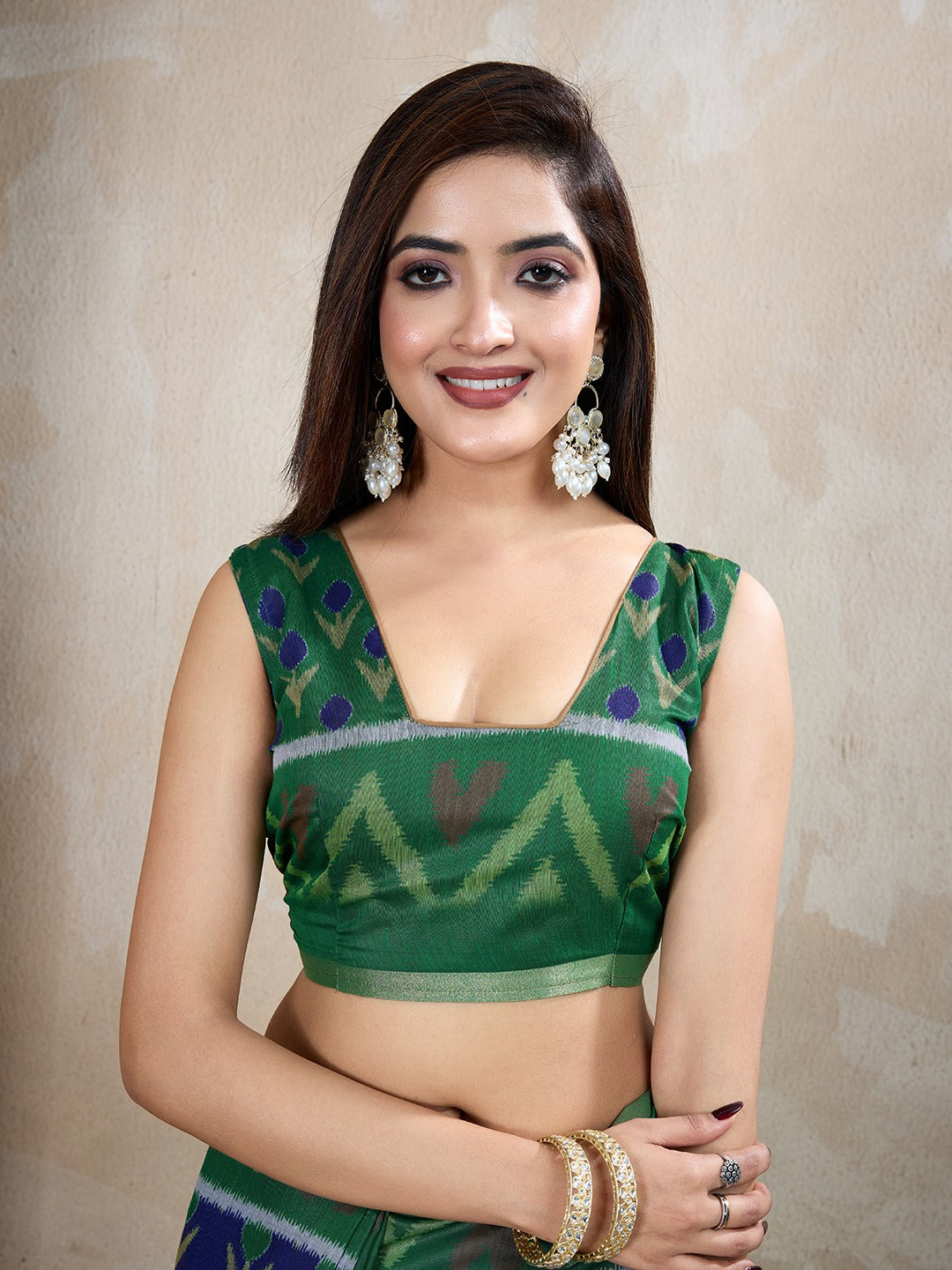 Green & Blue Ikat Printed Chanderi Saree with Contrast Border (Code: GG-322)