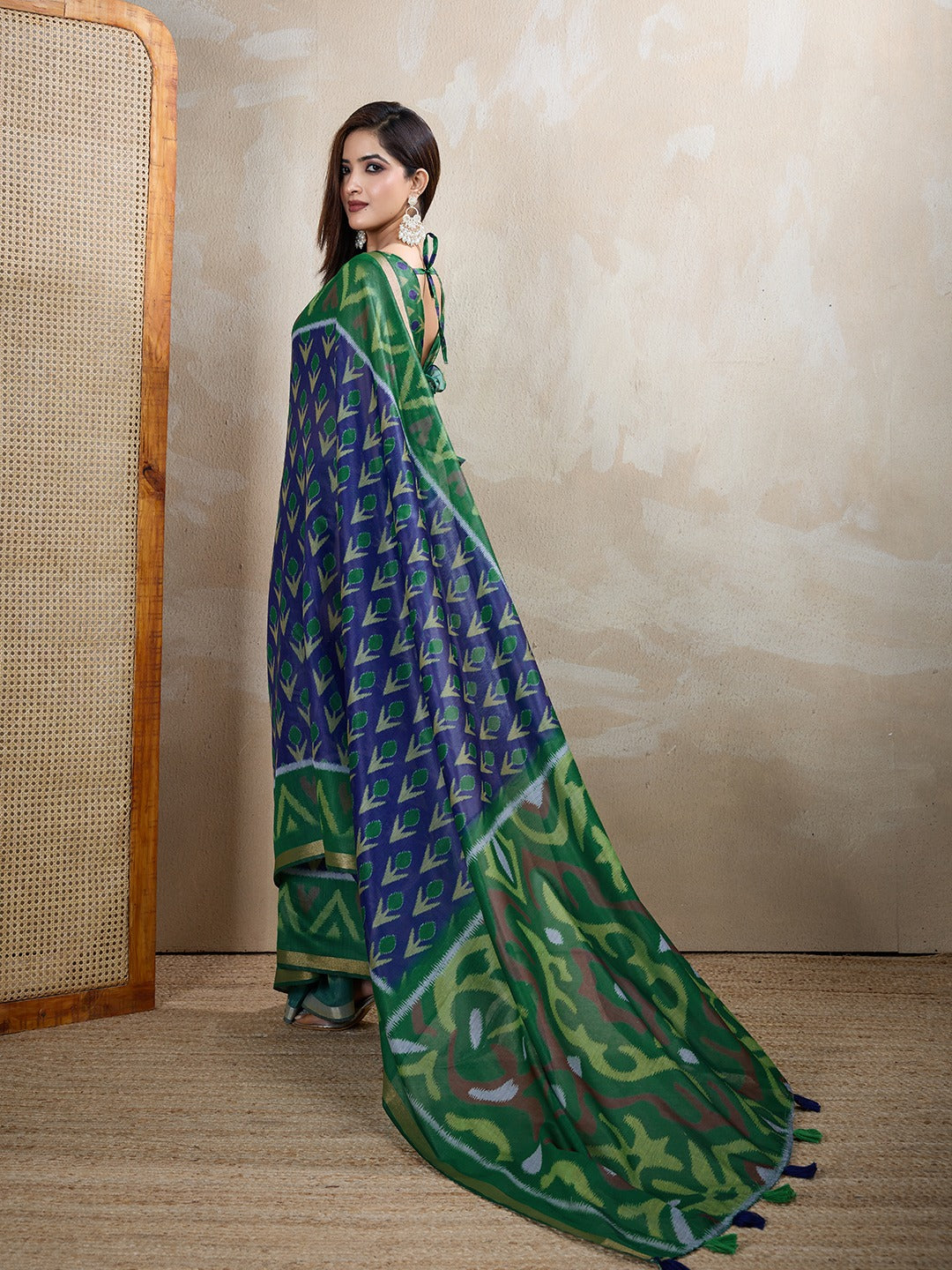 Green & Blue Ikat Printed Chanderi Saree with Contrast Border (Code: GG-322)