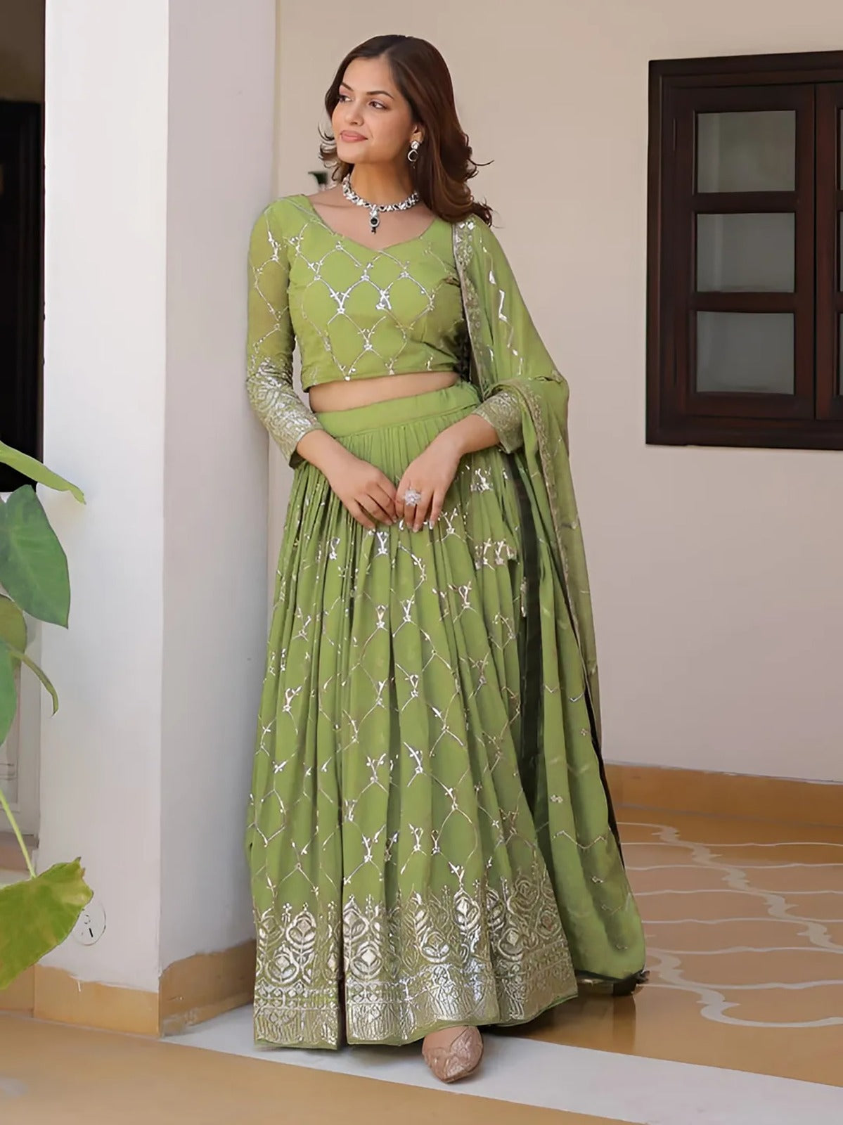 Embellished Semi-Stitched Georgette Lehenga Choli with Dupatta – Pista Green (Style Code: Salmon Lehenga)