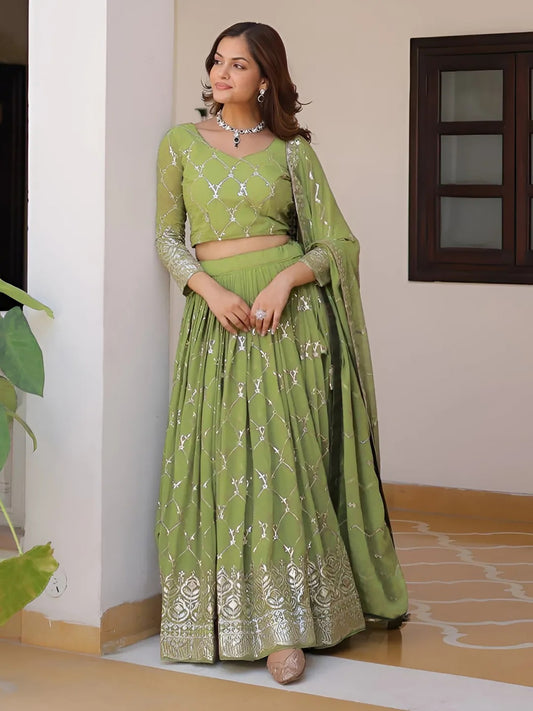 Embellished Semi-Stitched Georgette Lehenga Choli with Dupatta – Pista Green (Style Code: Salmon Lehenga)