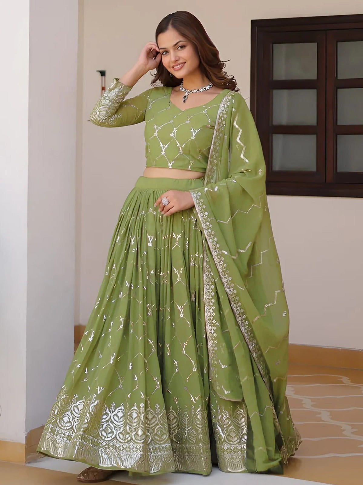 Embellished Semi-Stitched Georgette Lehenga Choli with Dupatta – Pista Green (Style Code: Salmon Lehenga)