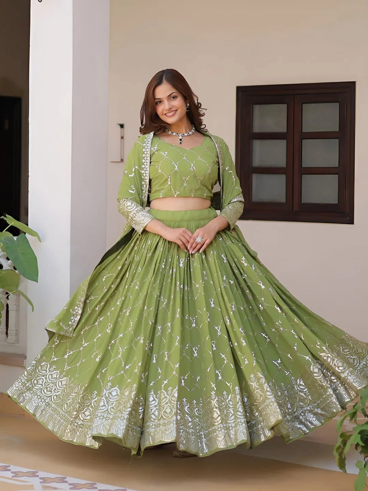 Embellished Semi-Stitched Georgette Lehenga Choli with Dupatta – Pista Green (Style Code: Salmon Lehenga)
