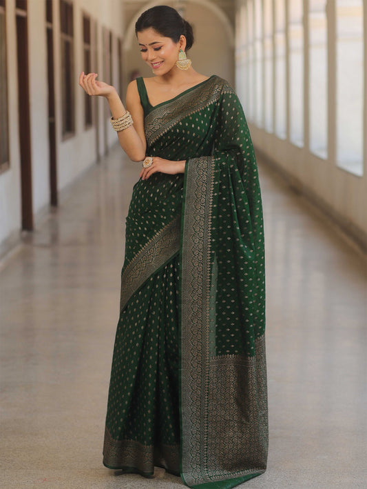 Premium Banarasi Jacquard Saree with Blouse – Haryali (Green)