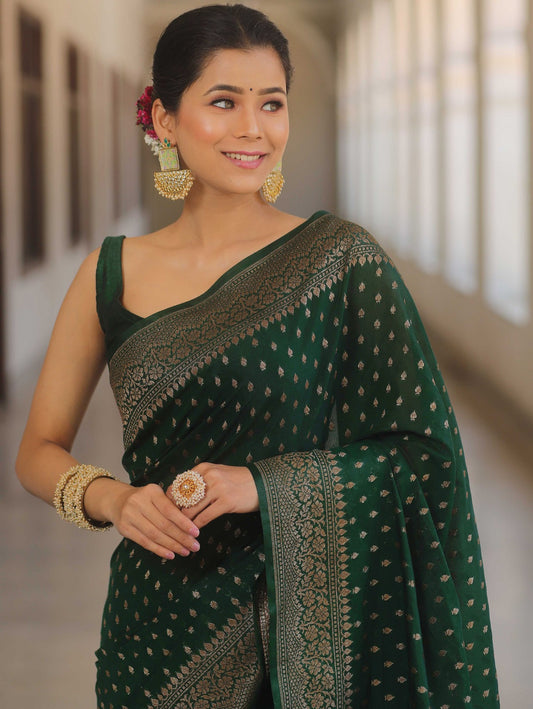 Premium Banarasi Jacquard Saree with Blouse – Haryali (Green)