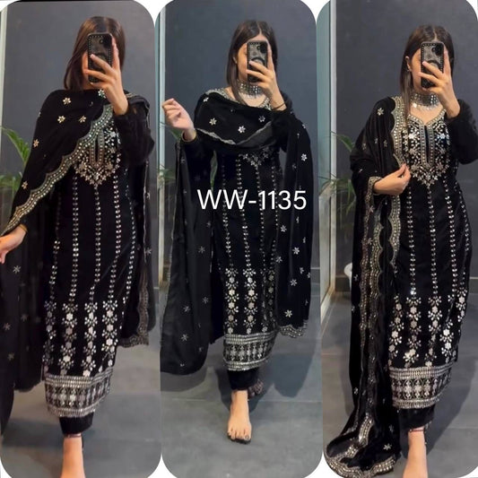 Velvet Embroidered Top-Pant Dupatta Set – Fully Stitched & Ready to Wear (WW-1135)