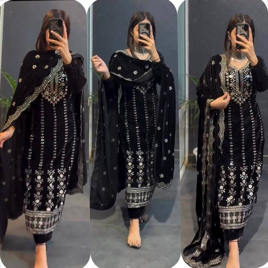 Velvet Embroidered Top-Pant Dupatta Set – Fully Stitched & Ready to Wear (WW-1135)