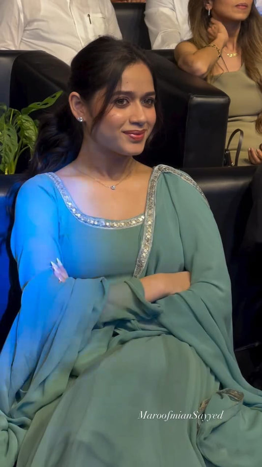 Jannat Zubair Inspired Cham Cham Sequin Anarkali Set – Soft Faux Georgette (Code: 1205 Teal)