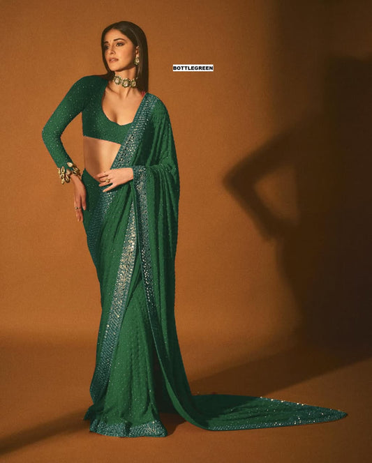 Ananya Pandey Bollywood Sequin Design Saree – Faux Georgette with Embroidery & Mirror Work (DF-3465)